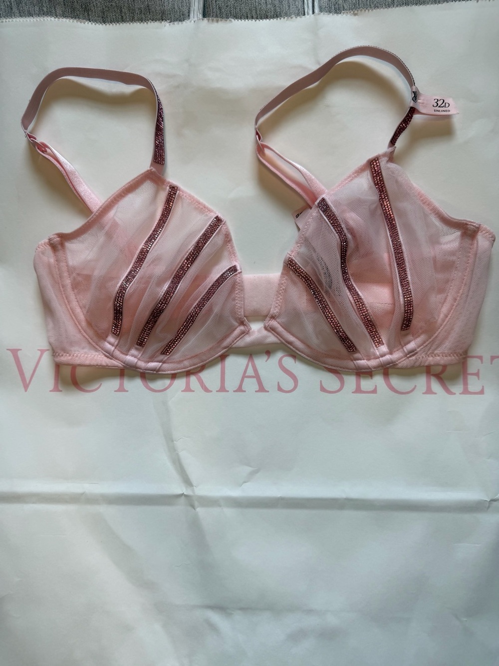 Victoria’s Secret Pink Rhinestone Unlined Bra 32D Sheer Mesh NWT
